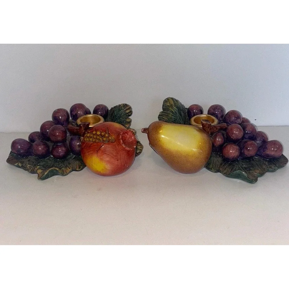 Vintage Hand Painted Fruit Candlestick Holders Pomegranate & Pear Grapes Set